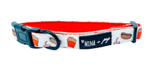 Load image into Gallery viewer, Drive In Diner Fast food burger fries soda drink hot dogs white and red neoprene dog cat collar with black plastic buckle and black D ring and black and white Mina + Pup rubber logo
