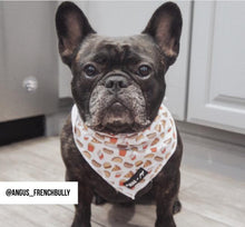 Load image into Gallery viewer, a brindle french bulldog model wearing a Drive In Diner Fast food burger fries soda drink hot dogs white and red polyester dog cat cooling bandana with black and white Mina + Pup rubber logo 

